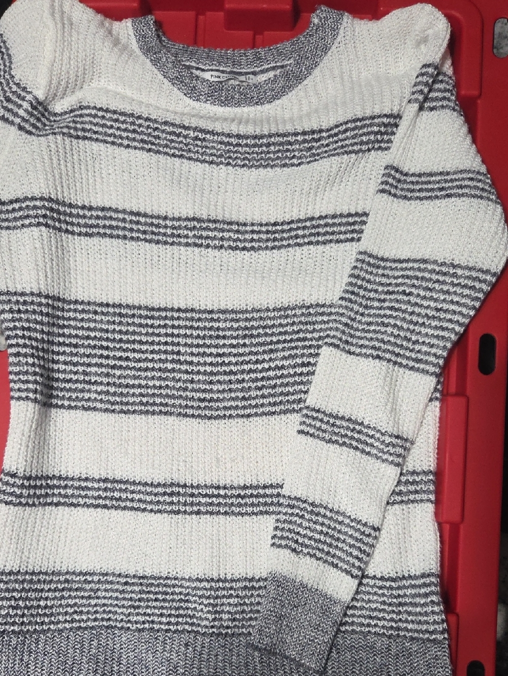 Pink Clover Men's White and Gray Striped Crewneck Sweater